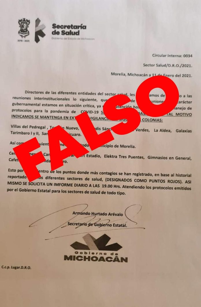 ¡Falso! Documento que alerta de zonas de extrema vigilancia por Covid-19 en Morelia