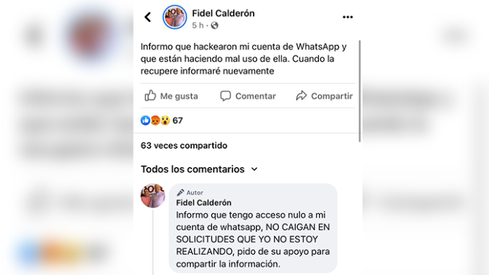 Hackean cuenta de WhatsApp del diputado Fidel Calderón; estaban pidiendo recursos